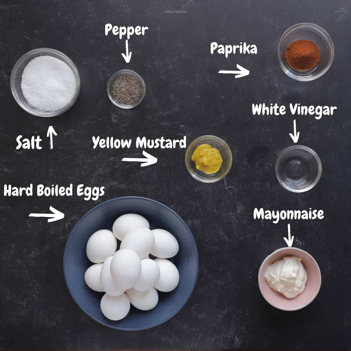 Photo of all ingredients necessary to prepare deviled eggs.