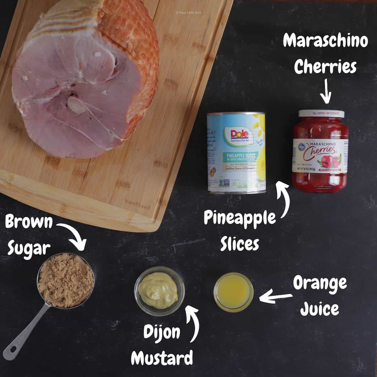 Photo of all ingredients that go into the pineapple ham glaze.