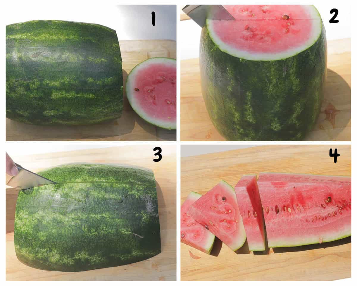 A 4-photo collage showing the 4 steps to cut a watermelon into wedges.