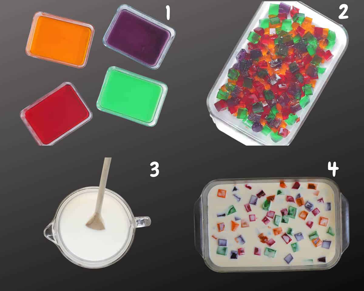 A collage photo showing the of 4 photos showing how to make Stained Glass Jello. Photo 1: Four containers of firm, colored Jello. Photo 2: Jello cut into cubes and placed in a 9x13 pan. Photo 3: A mixing bowl with the sweetened condensed milk mixture in it and a wooden spoon. Photo 4: The sweetened condensed milk mixture poured over the Jello squares in the 9x13 pan. 