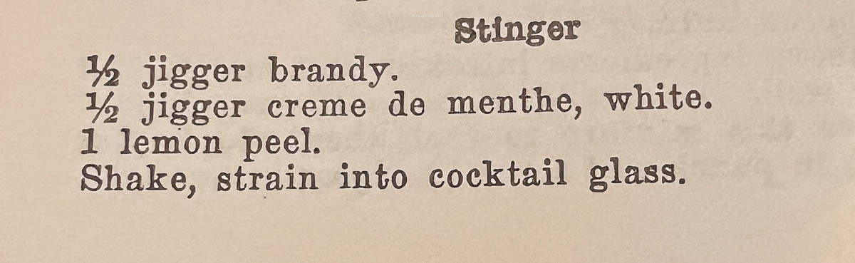 s copy of an early recipe for a stinger cocktail