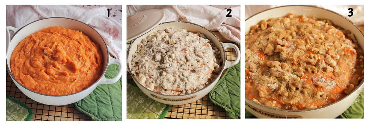 A collage of 3 photos showing the process for making sweet potato casserole. First shows the sweet potato mixture, second shows the pecan topping on top, and the third shows what it looks like coming out of the oven baked to golden brown.