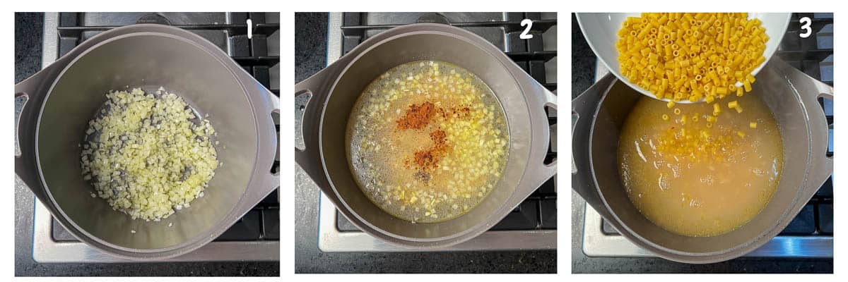 Three photos showing the process of making pasta fagioli.