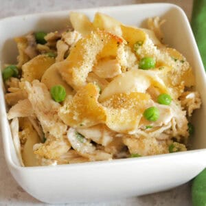 Rock Hudson's chicken casserole in a white serving bowl.